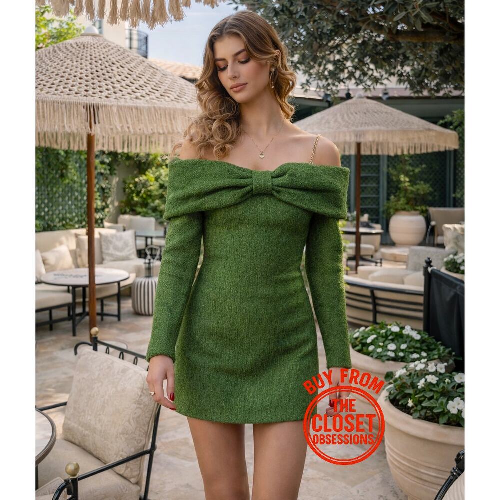 ZARA Green Off Shoulder Bow Mini Dress NWT Textured Long Sleeve Size S